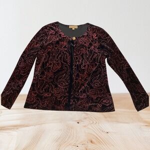 Notations Petite Black Red Paisley Velvet Sparkle Cardigan Jacket Top PL
